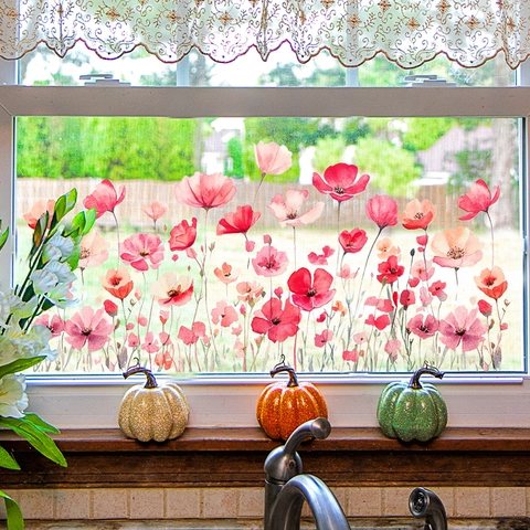 Adesivo per Finestre Mare di Fiori Rosa ad Acquerello in PVC Elettrostatico Papavero Floreale per Decorazione Casa Cucina Bagno