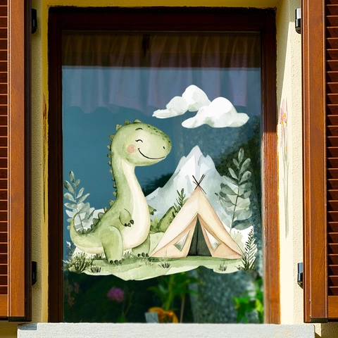 Cartoon Dinosaurier Aquarell Fensteraufkleber Doppelseitig PVC Dekor Kinderzimmer Zelt Berg Muster