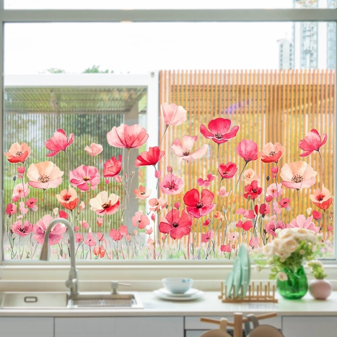 Adesivo per Finestre Mare di Fiori Rosa ad Acquerello in PVC Elettrostatico Papavero Floreale per Decorazione Casa Cucina Bagno