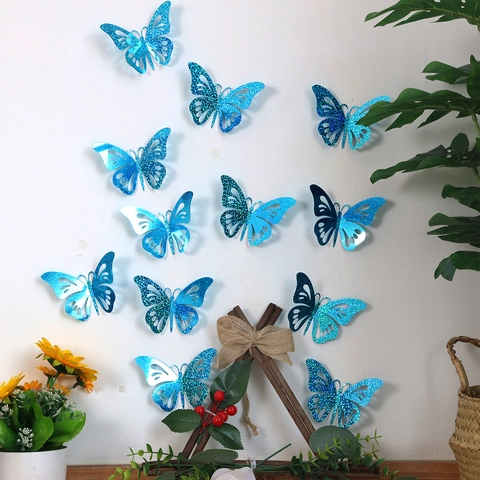 3D Hollow Butterfly Wall Stickers Glitter Shiny Mirror Texture Removable Decorative For Living Room Bedroom
