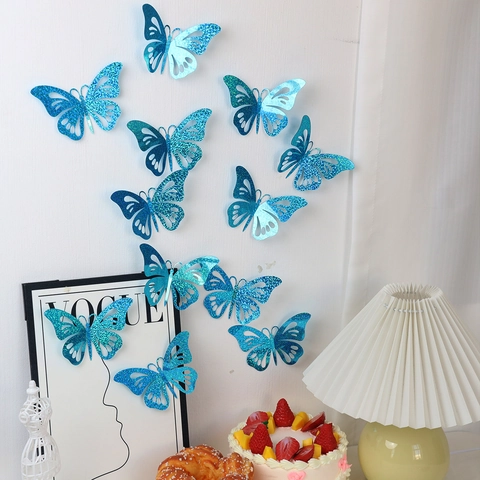 3D Hollow Butterfly Wall Stickers Glitter Shiny Mirror Texture Removable Decorative For Living Room Bedroom