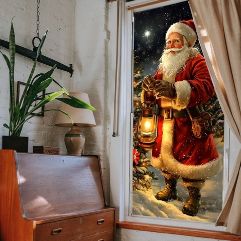Weihnachts Fensterbild Weihnachtsmann Mit Öllampe Schneeszene PVC Doppelseitig Sichtbare Feiertags Glas Türdekoration