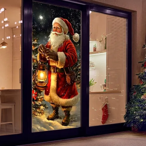 Weihnachts Fensterbild Weihnachtsmann Mit Öllampe Schneeszene PVC Doppelseitig Sichtbare Feiertags Glas Türdekoration