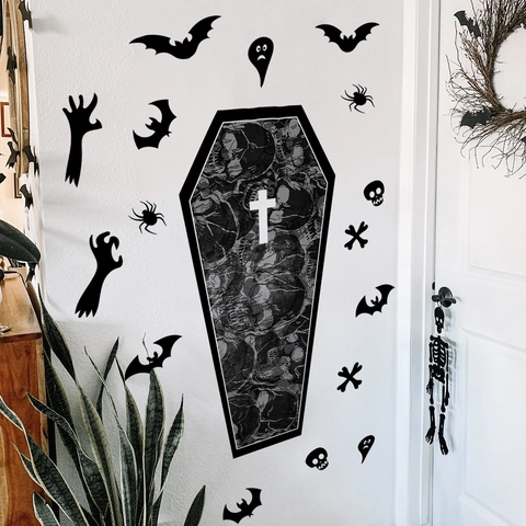 Halloween Cercueil Sticker Mural PVC Autocollant Amovible Gothique Crâne Chauve-souris Fantôme Décalcomanie Décoration Fête