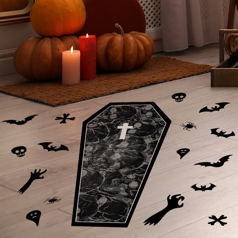Halloween Cercueil Sticker Mural PVC Autocollant Amovible Gothique Crâne Chauve-souris Fantôme Décalcomanie Décoration Fête