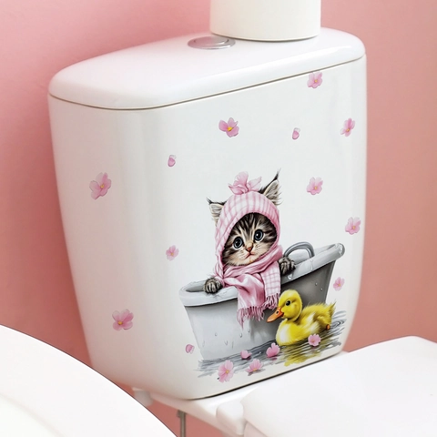 Cartoon Cat Bathtub Wall Sticker Waterproof PVC Removable Bathroom Decor Cute Animal Pink Cherry Blossom Decal For Home Bathroom Bathtub Decoration