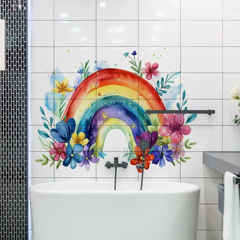 Aquarell Regenbogen Blumen Wandtattoo PVC Selbstklebend Wandbild Für Kinderzimmer Schlafzimmer Badezimmer Wohnkultur
