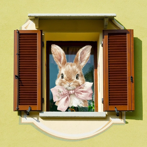 Handbemalter Süßer Hase Mit Rosa Schleife Fensteraufkleber Aquarell Hase Glasaufkleber Für Wohnkultur Wandtattoo DIY Dekor
