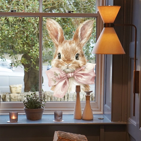 Handbemalter Süßer Hase Mit Rosa Schleife Fensteraufkleber Aquarell Hase Glasaufkleber Für Wohnkultur Wandtattoo DIY Dekor