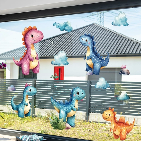 Watercolor Cartoon Dinosaur Wall Stickers Static Window Clings PVC Decals Kids Room Bedroom Home Decor Animal Print