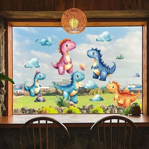 Adesivi per Finestre a Forma di Dinosauro Cartoon Nuvole Decalcomanie in Vetro Animale Acquerello PVC Decorazione Visibile su Entrambi i Lati