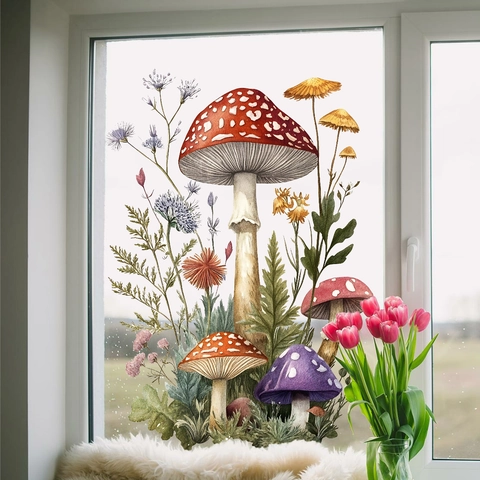 Aquarel Paddestoel Wilde Bloem Venstersticker Dubbelzijdig Zichtbaar PVC Statische Sticker Natuur Stijl Glas Decor Huis Keuken