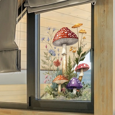 Aquarel Paddestoel Wilde Bloem Venstersticker Dubbelzijdig Zichtbaar PVC Statische Sticker Natuur Stijl Glas Decor Huis Keuken