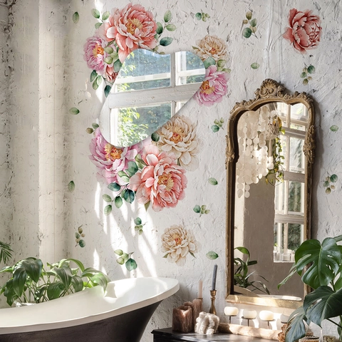 Watercolor Pink Peony Flower Leaves Wall Sticker Set With Irregular Acrylic Mirror Decorative Self-Adhesive PVC Home Decals