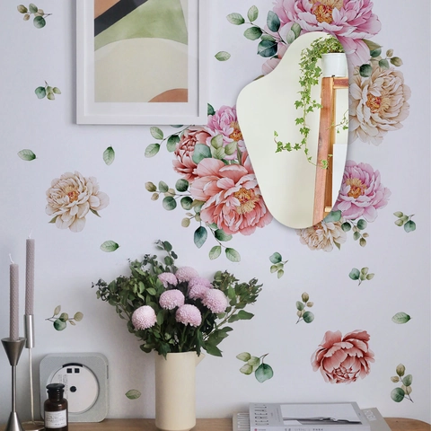 Watercolor Pink Peony Flower Leaves Wall Sticker Set With Irregular Acrylic Mirror Decorative Self-Adhesive PVC Home Decals