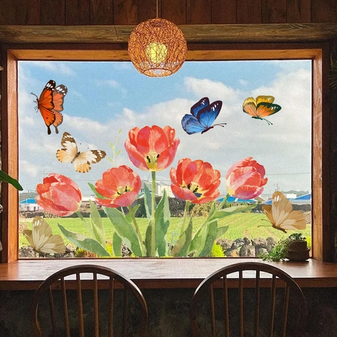 Red Tulip Butterfly Window Stickers PVC Watercolor Style Home Decor Wall Decals For Glass Surface Living Room Bedroom