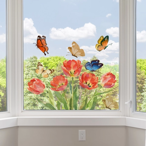 Red Tulip Butterfly Window Stickers PVC Watercolor Style Home Decor Wall Decals For Glass Surface Living Room Bedroom