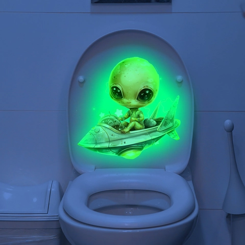 Glow In The Dark Alien UFO Toilet Sticker Luminous Cartoon Spaceship Wall Decal Self Adhesive Waterproof Bathroom Home Decor