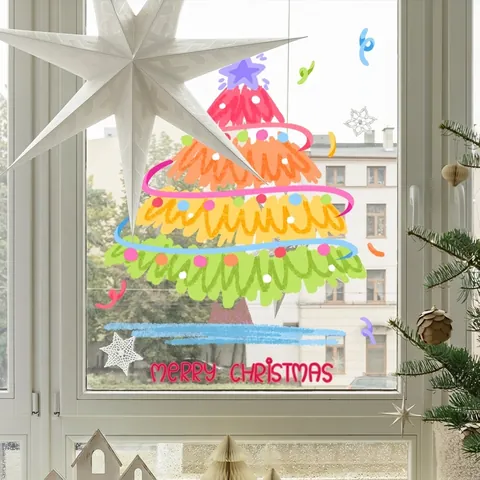 Christmas Tree Window Stickers Colorful Hand Painted Static Cling Decals Double Sided Visual Festive Glass Decor