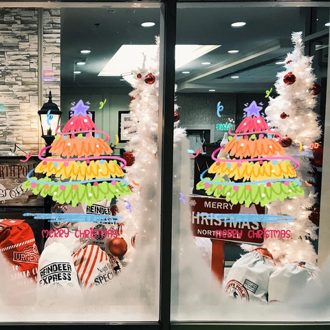 Christmas Tree Window Stickers Colorful Hand Painted Static Cling Decals Double Sided Visual Festive Glass Decor