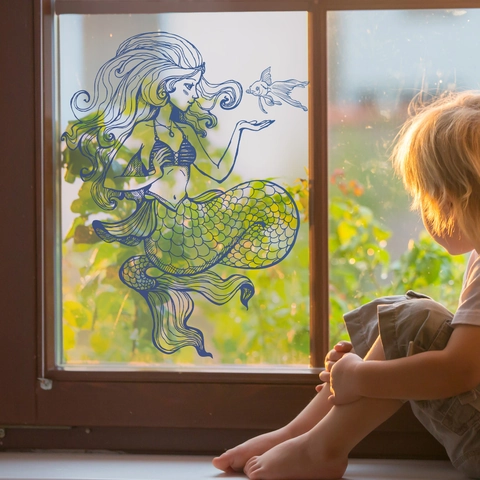 Adesivo Finestra Sirena Linee Blu Disegnato Mano PVC Traslucido Motivo Marino Decalcomania Decorazione Vetro Casa Bambini