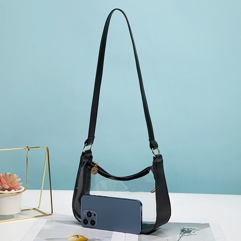 Women Transparent Underarm Shoulder Bag Clear PVC Baguette Bag With PU Leather Trim Simple Trendy Fashion Handbag