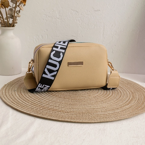 Bolso de Cámara de Cuero PU de Moda para Mujer Correa Ancha de Letras Bolso Bandolera Monedero para Móvil Bolso Cuadrado