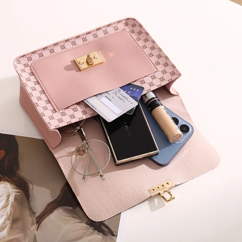 Vintage Geometrischer Druck Damen Handtasche Mit Plüschgriff Gold Metall Kette Kleine Quadratische PU Leder Schultertasche