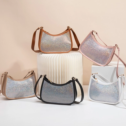 Borsa Sottoascellare da Donna alla Moda con Strass in Pelle PU Glitter Paillettes Hobo Borsa a Tracolla Piccola per Feste Quotidiano