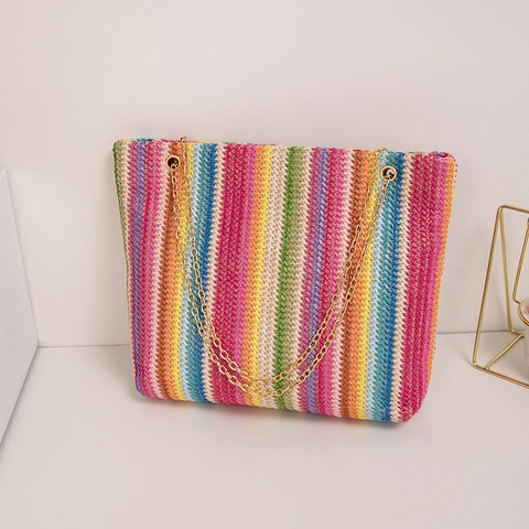 Geweven Stro Schoudertas Gekleurde Strepen Zomer Strand Emmer Tas Gouden Metalen Ketting Casual Chique