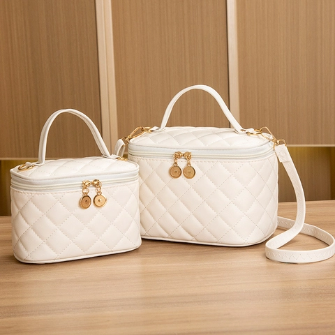 Women Quilted Rhombus Makeup Bag PU Leather Double Zipper Crossbody Toiletry Case Large Small Handheld Cosmetic Bag Travel Storage Handbag