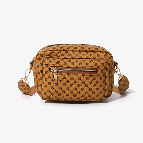 Vintage PU Leather Geometric Monogram Crossbody Bag For Women Double Zipper Camera Bag With Coin Purse Wide Adjustable Strap