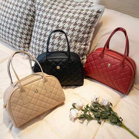 Borsa Boston Trapuntata Rombi Pelle PU Decorazione Floreale Chic Manico Superiore Borsa Tracolla Cinghia Regolabile Grande Capacità Tote Elegante