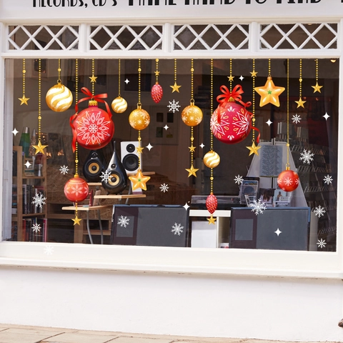 Christmas Window Stickers PVC Static Cling Red Gold Ornament Balls Snowflakes Stars For Glass Door Holiday Party Decor