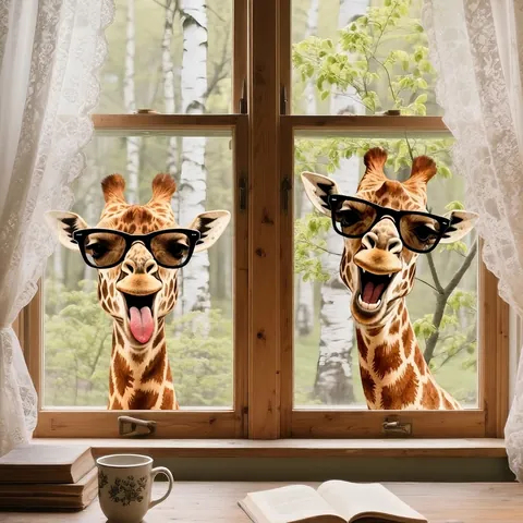 Autocollants de Fenêtre Girafe de Dessin Animé Drôle avec Lunettes PVC Imperméable Stickers Muraux Visibles des Deux Côtés