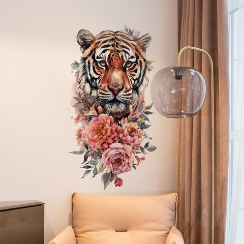 Adesivo Murale Testa Di Tigre Fiori PVC Autoadesivo Stile Acquerello Decorazione Parete Bagno