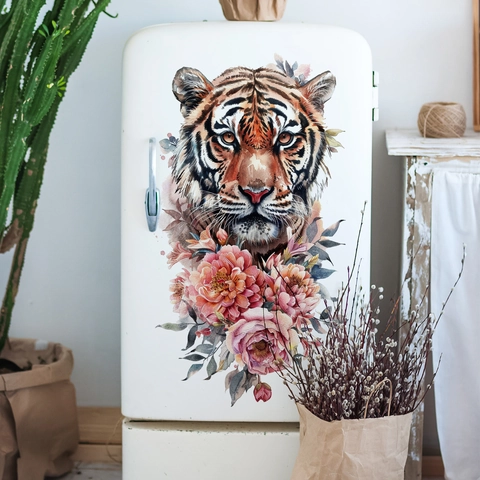 Adesivo Murale Testa Di Tigre Fiori PVC Autoadesivo Stile Acquerello Decorazione Parete Bagno