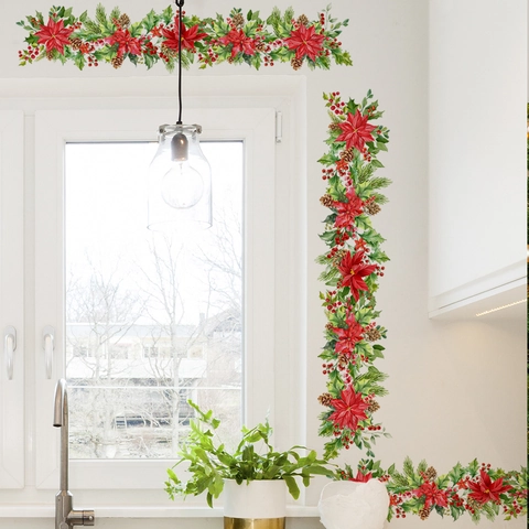 Kerst Poinsettia Dennentak Muursticker PVC Waterdicht Verwijderbare Sticker Voor Venster Deurkozijn Huisdecoratie