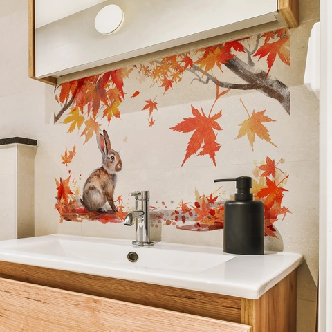 Autumn Maple Leaf Rabbit Wall Sticker Watercolor Bunny PVC Decal For Bathroom Kitchen Living Room Home Decoration