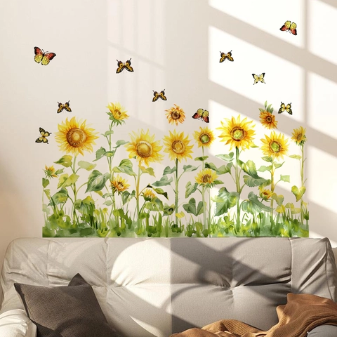 Watercolor Sunflower Butterfly Vine Wall Sticker PVC Self Adhesive Floral Decal For Home Bedroom Living Room Decoration Decor