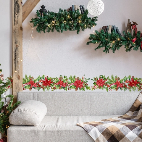 Kerst Poinsettia Dennentak Muursticker PVC Waterdicht Verwijderbare Sticker Voor Venster Deurkozijn Huisdecoratie