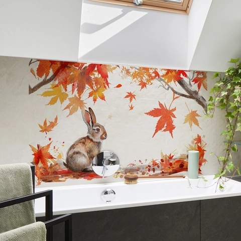 Autumn Maple Leaf Rabbit Wall Sticker Watercolor Bunny PVC Decal For Bathroom Kitchen Living Room Home Decoration