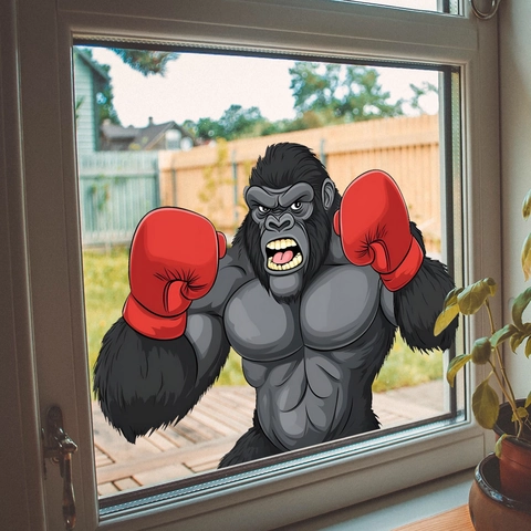Cartoon Boxing Gorilla Window Sticker Static Cling Double Sided PVC Glass Decal For Home Office Decor