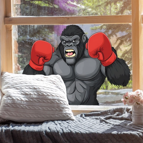 Cartoon Boxing Gorilla Window Sticker Static Cling Double Sided PVC Glass Decal For Home Office Decor