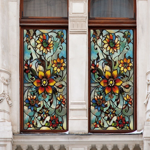 Buntglas Fensterfolie Blumenmuster Statische Haftung Wasserdicht PVC Vintage Dekorativer Sichtschutzaufkleber