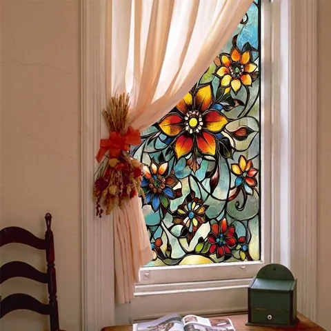 Buntglas Fensterfolie Blumenmuster Statische Haftung Wasserdicht PVC Vintage Dekorativer Sichtschutzaufkleber