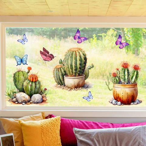 Pegatinas De Ventana De Cactus Y Mariposa En Acuarela Calcomanías De Vidrio De Doble Cara PVC Impermeable Decoración
