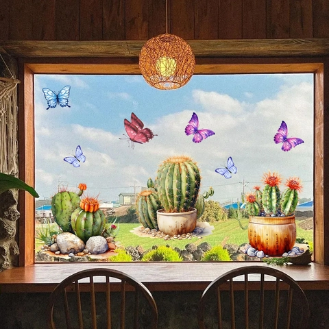 Pegatinas De Ventana De Cactus Y Mariposa En Acuarela Calcomanías De Vidrio De Doble Cara PVC Impermeable Decoración