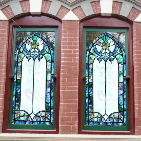 Vintage Gothic Stained Glass Window Film Retro Colorful PVC Glass Sticker Double Sided Visible Decorative Decal