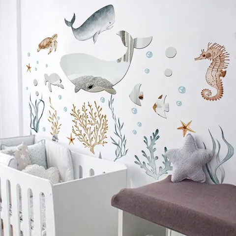 Marine Life Mirror Wall Sticker Set Whale Turtle Seahorse Watercolor Decorative Decals For Kids Room Bedroom Home Decor